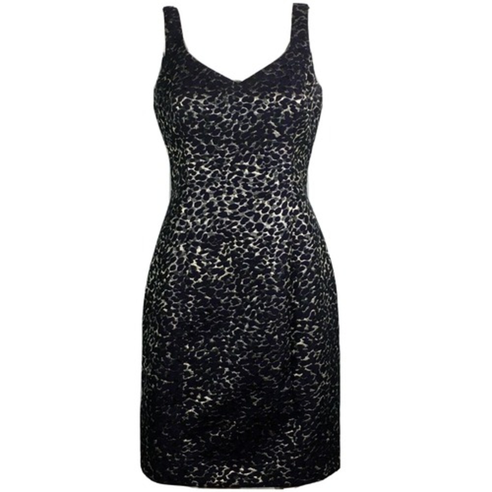 Rickie Freeman Teri Jon Dress Womens Sz 8 Navy Blue Silver Leopard Silk Sheath